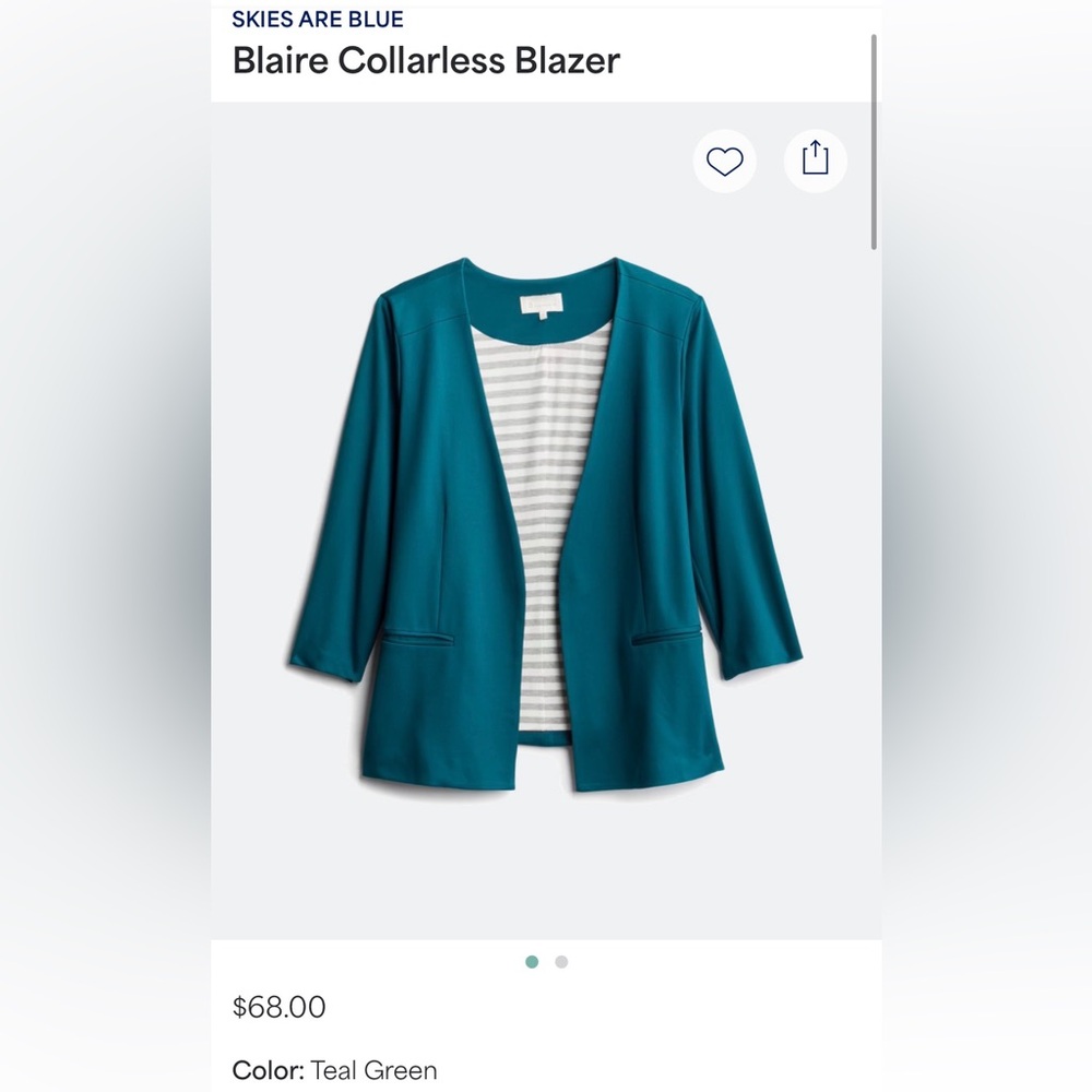 Skies Are Blue Teal Green Collarless Blazer